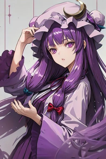 patchouli_knowledge, 1girl, solo, purple hair, purple eyes, long hair, mob cap, crescent hat ornament,