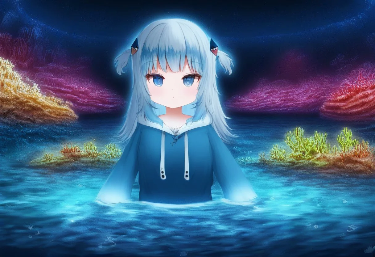 bioluminescence (gawr gura, blue hoodie, two side up, shark hair ornament, shark tail, swimming under water) (deep in the ocean, fish everywhere, dark waters, bioluminescent, fish, coral reefs, sea weed, saturated colors, glowing, masterpiece, beautiful details, great details, high resolution)