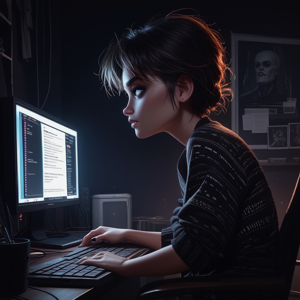 score_9, score_8_up, score_7_up, score_6_up, score_5_up, score_4_up, rating_questionable, 1girl, EvelynD, dark room, computers, tvs