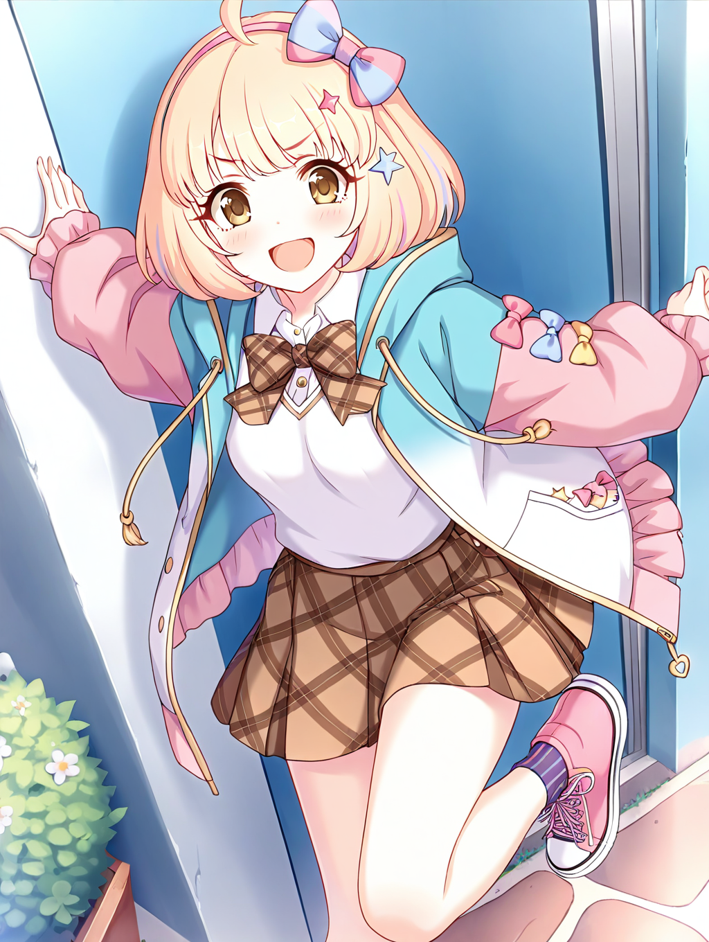 (masterpiece,best quality,ultra_detailed,highres,absurdres:1.2,amazing quality,very aesthetic),<lora:chieru _ilxl_v1-000012:0.8>,chieru \(real\) \(princess_connect!\), 1girl,blonde hair, solo,  bow, sneakers, skirt, school uniform, open mouth, plaid, short hair, shoes, jacket, yellow eyes, ahoge, looking at viewer, brown skirt, standing, hood, standing on one leg, smile, pink footwear