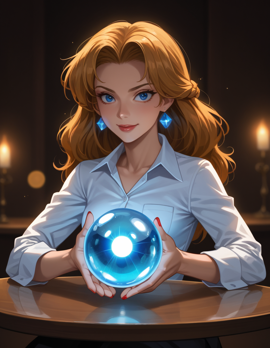 cinematic photo score_9, score_8_up, score_7_up, score_6_up, score_5_up, score_4_up, 1girl, esmeralda \(disney\), hud_cryst4l_b4ll, glowing, crystal ball, orb, upper body, table, nail polish, 35mm photograph, film, bokeh, professional, 4k, highly detailed