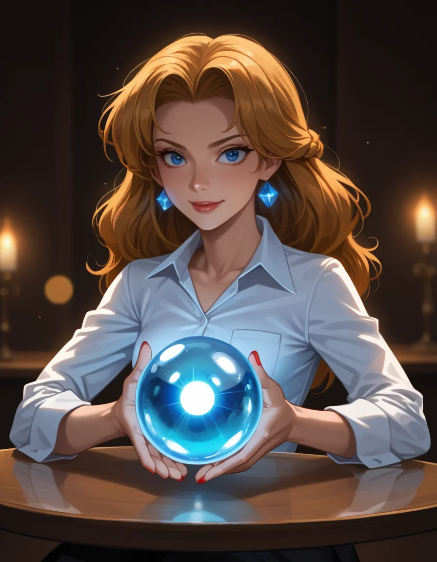 cinematic photo score_9, score_8_up, score_7_up, score_6_up, score_5_up, score_4_up, 1girl, esmeralda \(disney\), hud_cryst4l_b4ll, glowing, crystal ball, orb, upper body, table, nail polish, 35mm photograph, film, bokeh, professional, 4k, highly detailed