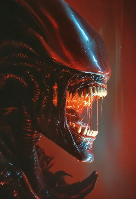 closeup , side profile,Xenomorph, solo, dark, light, red light illuminates side of the face,horror, hyperrealistic, DnD_Grainyboyz,