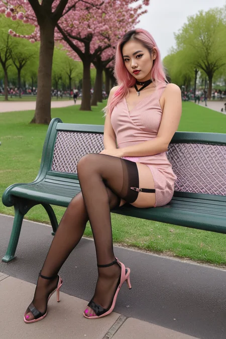 <lora:RealBlackFFStocking_XL:0.8>, <lora:opentoeNYX_XL:0.8>, RAW photo, front view of woman, sitting on a bench, (crossed legs:1.2), minidress, (upskirt:1.2), (RealBlackFFStocking:1.1), pink suspenders, (high detailed skin:1.2), (pink opentoeNYX:1.1), (public green park background), 8k uhd, dslr, soft lighting, high quality, film grain, Fujifilm XT3