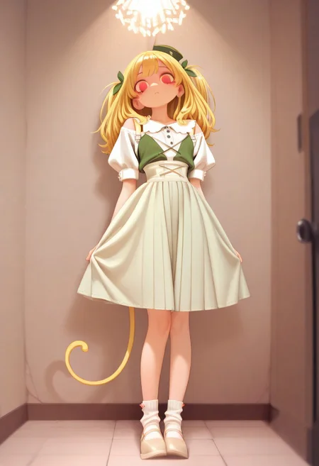 soft light, perfect anatomy , sharp focus, ((Depth of field)) deep depth, (Ultra detailed), best quality, intricate lighting, (absurd resolution), high resolution, intricate details, volumetric lighting, green hat, yellow hair, flowing detailed hair, innocent eyes, white panty hose, green skirt, green shoulder straps , white thick inner shirt, green striped socks, green shoes, small hat, twin tail hair, natural cloths, wild like girl, Fun Spirit, Fine Details, ,Fun Spirit, Fine Details,, s4ish0,, curious excitement