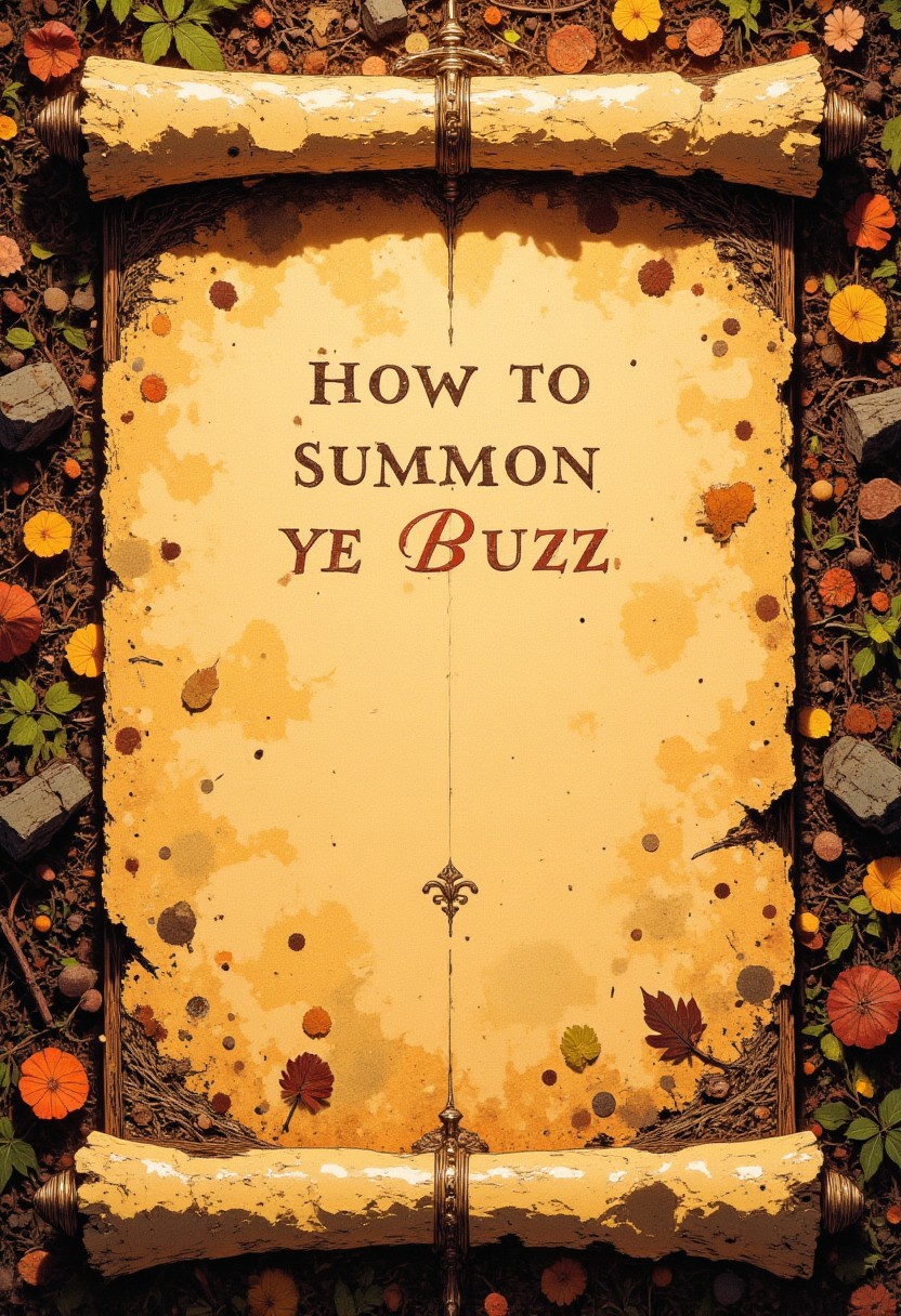 An ancient scroll with the text "How to summon ye Buzz" , CAICO