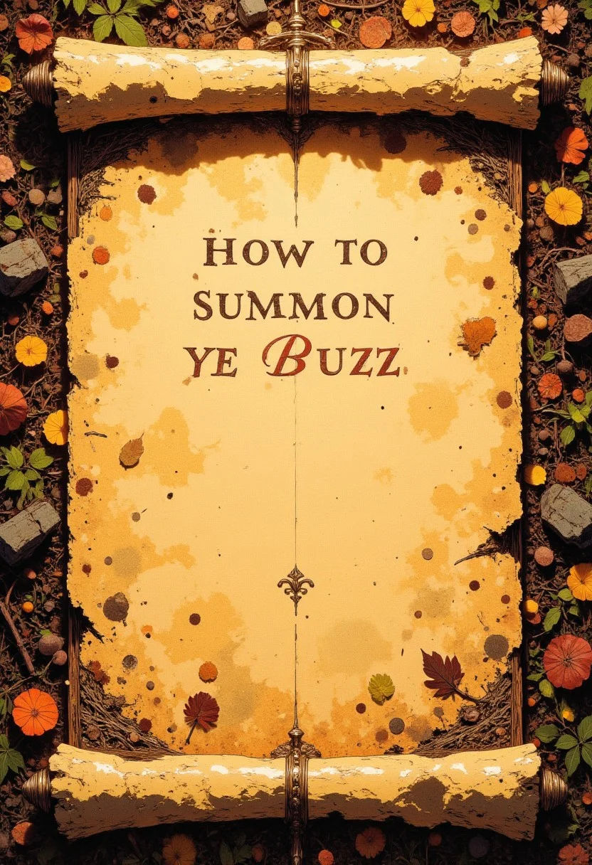 An ancient scroll with the text "How to summon ye Buzz" , CAICO