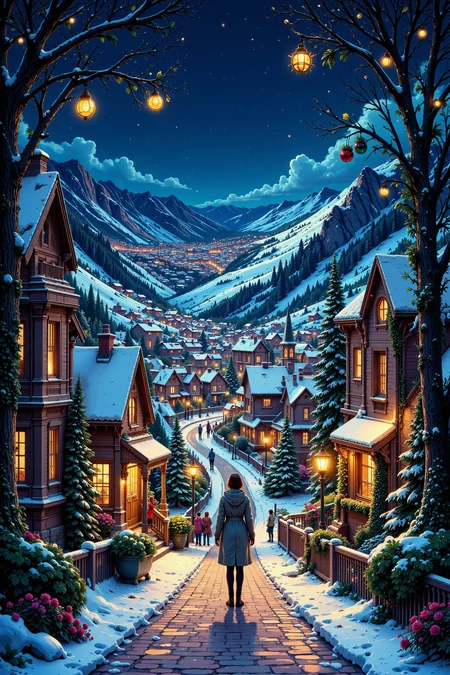 a town at christmas beautiful  landscape, day, woman, very intricate, very detailed, sharp, bright, colorful, <lora:Hand v2:0.5> <lora:Anti-Blur:1><lora:Insane Detail Slider:0.25>  <lora:flux.1_lora_flyway_Epic-detail_v2:0.3> <lora:fluxenhancer:0.25> <lora:ck-Neon-Retrowave:0.4> ck-rw, in the style of ck-rw,  <lora:Neurocore Anime Cyberpunk:0.8> A digital artwork in the style of cknc
