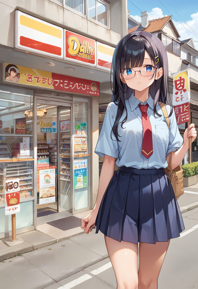 score_9, score_8_up, score_7_up, rating_safe, masterpiece, best quality, absurdres, unity 8k wallpaper, official art, official style, source_anime, uncensored, game cg, megami magazine,
1girl, solo, glasses, black hair, long hair, blue eyes, collared shirt, red necktie, pleated skirt, blue skirt, looking at viewer, blush,
YamazakiDaily, konbini, scenery, storefront, japan, shop, scenery, multiple girls, outdoors, sign, city, storefront, road, street, building, real world location
<lora:yamazakidaily_storefront_PONY_V1:1>
