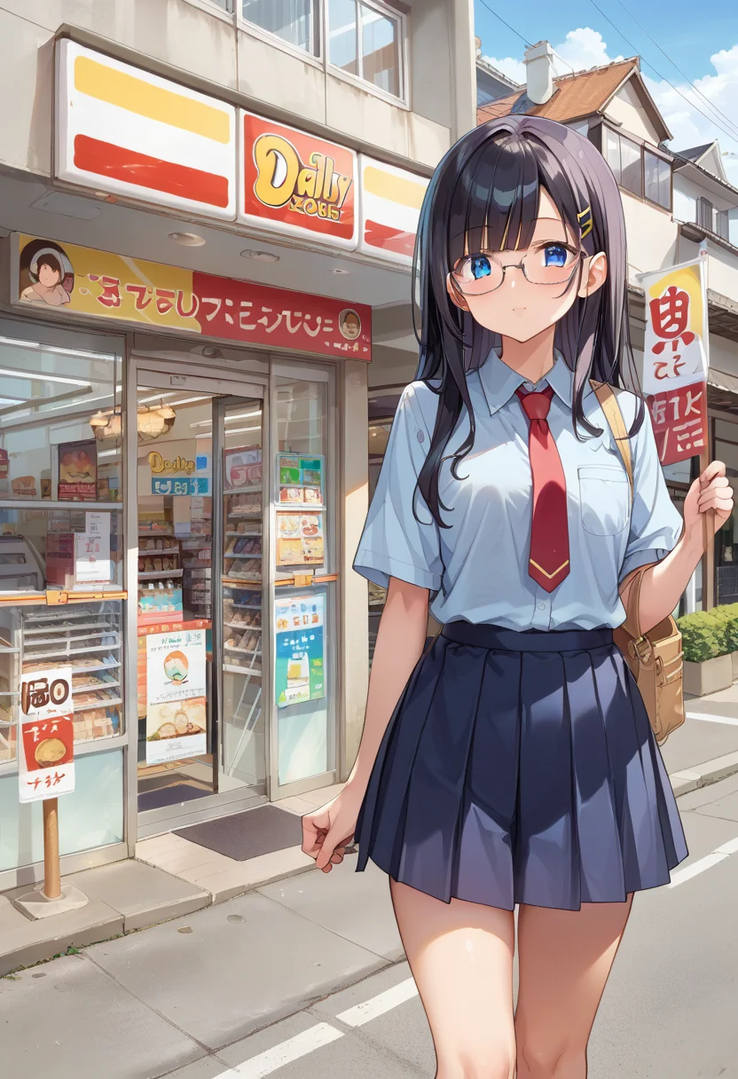 score_9, score_8_up, score_7_up, rating_safe, masterpiece, best quality, absurdres, unity 8k wallpaper, official art, official style, source_anime, uncensored, game cg, megami magazine,
1girl, solo, glasses, black hair, long hair, blue eyes, collared shirt, red necktie, pleated skirt, blue skirt, looking at viewer, blush,
YamazakiDaily, konbini, scenery, storefront, japan, shop, scenery, multiple girls, outdoors, sign, city, storefront, road, street, building, real world location
<lora:yamazakidaily_storefront_PONY_V1:1>