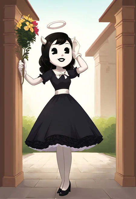 (Masterpiece, best quality:1.2), score_9, score_8_up, flat color, flat shading, soft shading, lighting, Alice Angel in a 1950's dress with a button down top, a fluffy frilly ruffled full petticoat, and high heels, dress, layered petticoat, frilly petticoat, fluffy petticoat, full petticoat, wide dress, flowing dress, long skirt, solid colored skirt, short sleeves, black hair, Bendy and The Ink Machine, series accurate, cute, best high quality, high res, black lips, white colored skin, whole body shot, 1girl, solo, outside, standing straight, in a garden, cute, adorable, smile, low angle shot, cartoon, cartoon style, vector, solo, circle dress, 1950s, alice angel