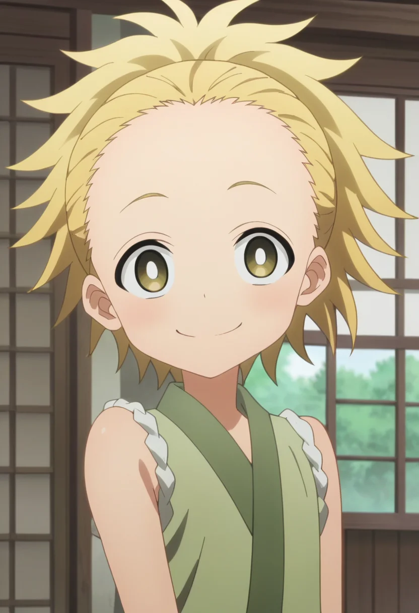 score_9, score_8_up, score_7_up, score_6_up, score_5_up, score_4_up , anime coloring ,BREAK source_anime, anime,screencap,
1girl, solo, kunohiguruma, green shirt, japanese clothes, sleeveless, <lora:PonyXL Higuruma V1:1>
indoors, upper body, 
smile, looking at viewer,