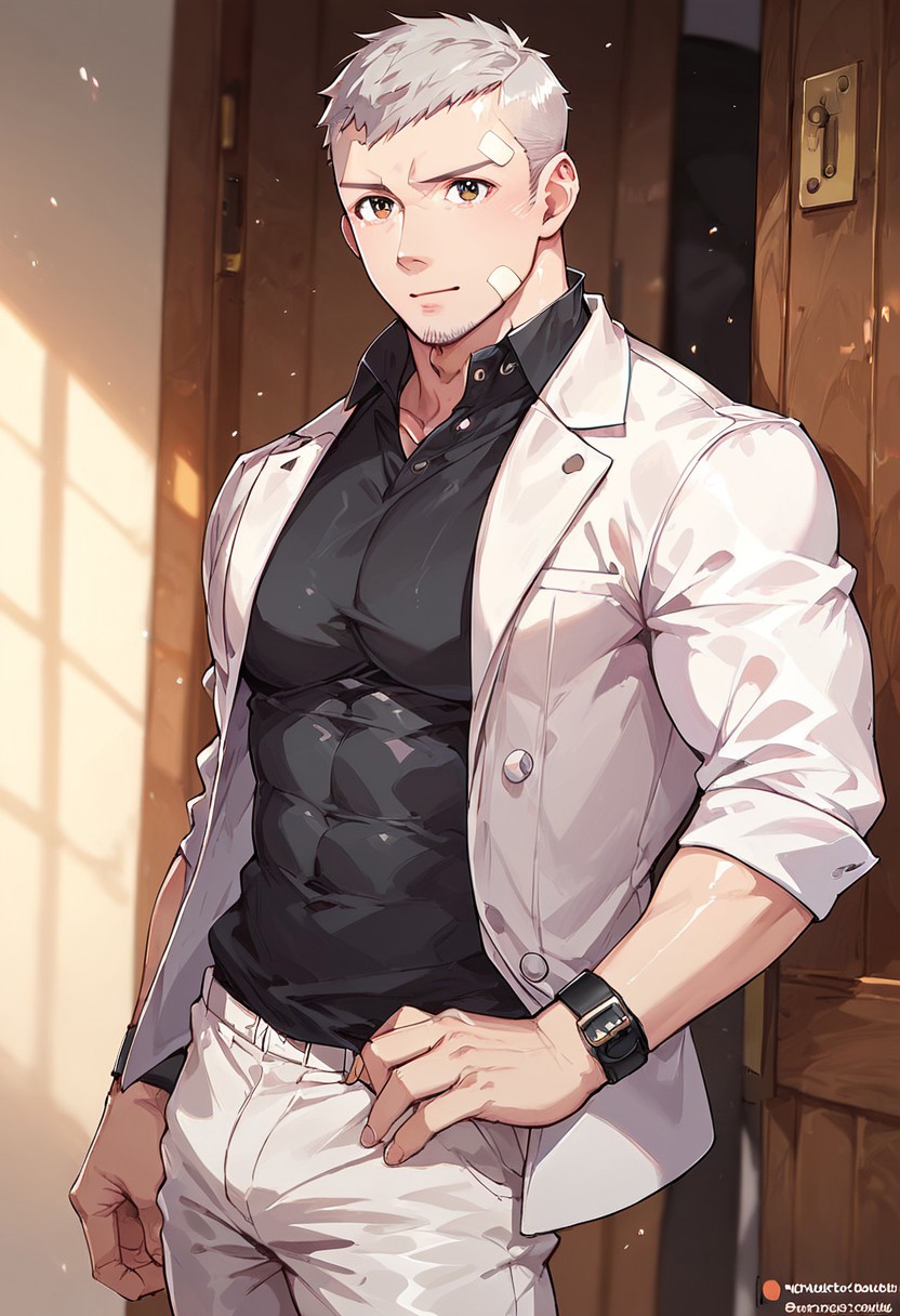 score_7, score_8, score_9, high quality, best quality, detail1eye, absurdres, mature male, 1male, solo, male focus, akihiko sanada, gray hair, hazel eyes, goatee, bandaid on chin, bandaid on forehead, bara, muscular, large pectorals, black shirt, white jacket, formal costume, white suit, white pant, business, looking at viewer