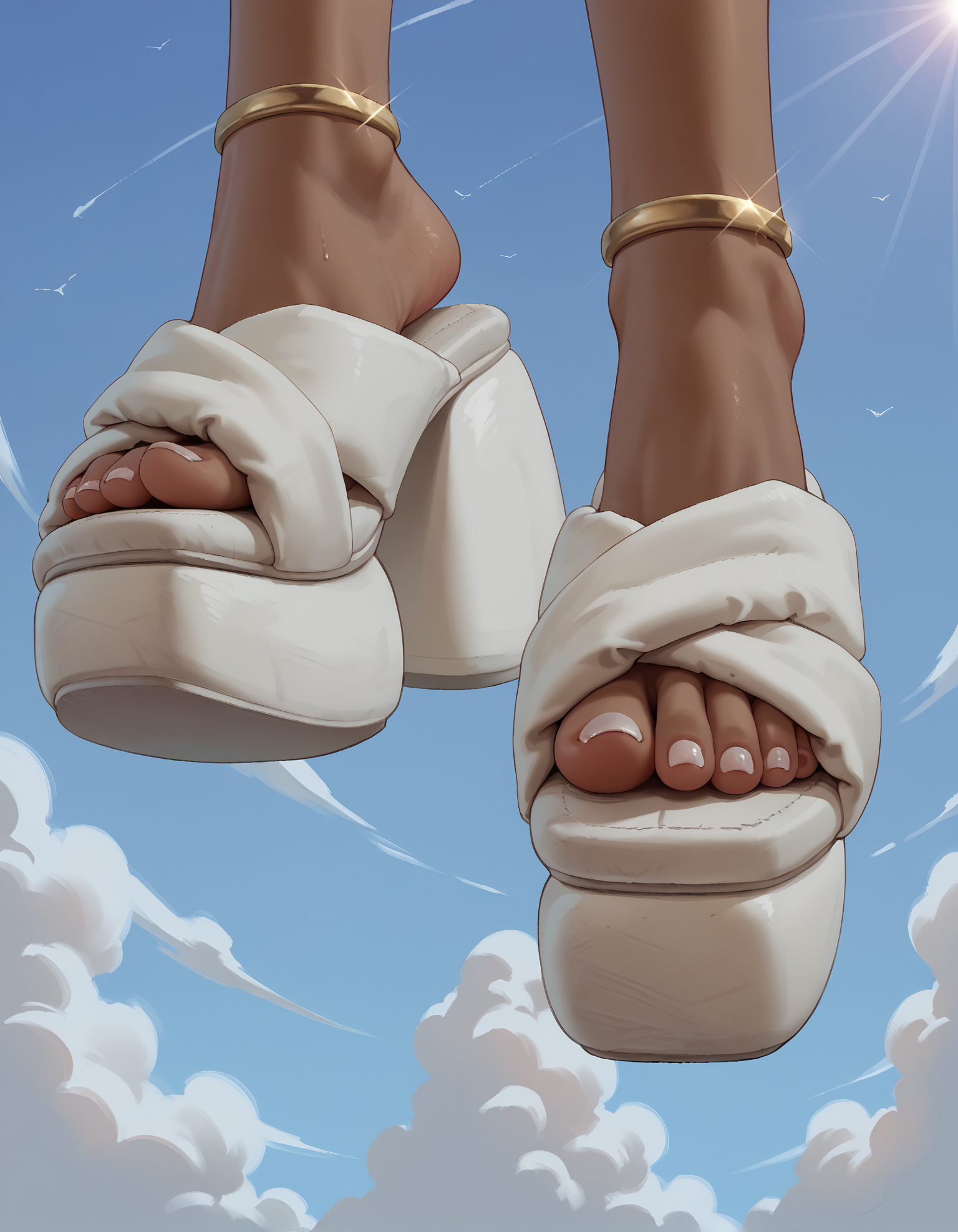 score_9, score_8_up, score_7_up, score_6_up, source_anime,
foot focus,
1girl, 
gold anklets, fine detail, very dark skin, 
clouds, sky, walking on clouds, scenery,
god rays, daytime galaxy sky,
(cl0ud sandals), platform footwear,
white toenail polish,