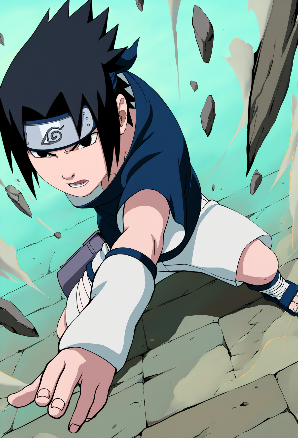 masterpiece, best quality, very aesthetic, absurdres,
1boy, uchiha sasuke, black hair, black eyes,
forehead protector, blue shirt, white shorts, sandals,
dynamic angle, from above, fighting stance, attack battle form, floating debris, dust, stones, winds, official art, full body,    <lora:SasukeGeninNoobXL_byKonan:1>