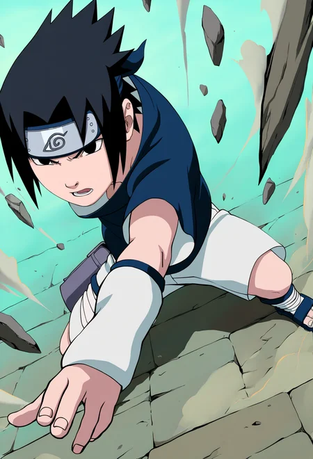 masterpiece, best quality, very aesthetic, absurdres,
1boy, uchiha sasuke, black hair, black eyes,
forehead protector, blue shirt, white shorts, sandals,
dynamic angle, from above, fighting stance, attack battle form, floating debris, dust, stones, winds, official art, full body,    <lora:SasukeGeninNoobXL_byKonan:1>