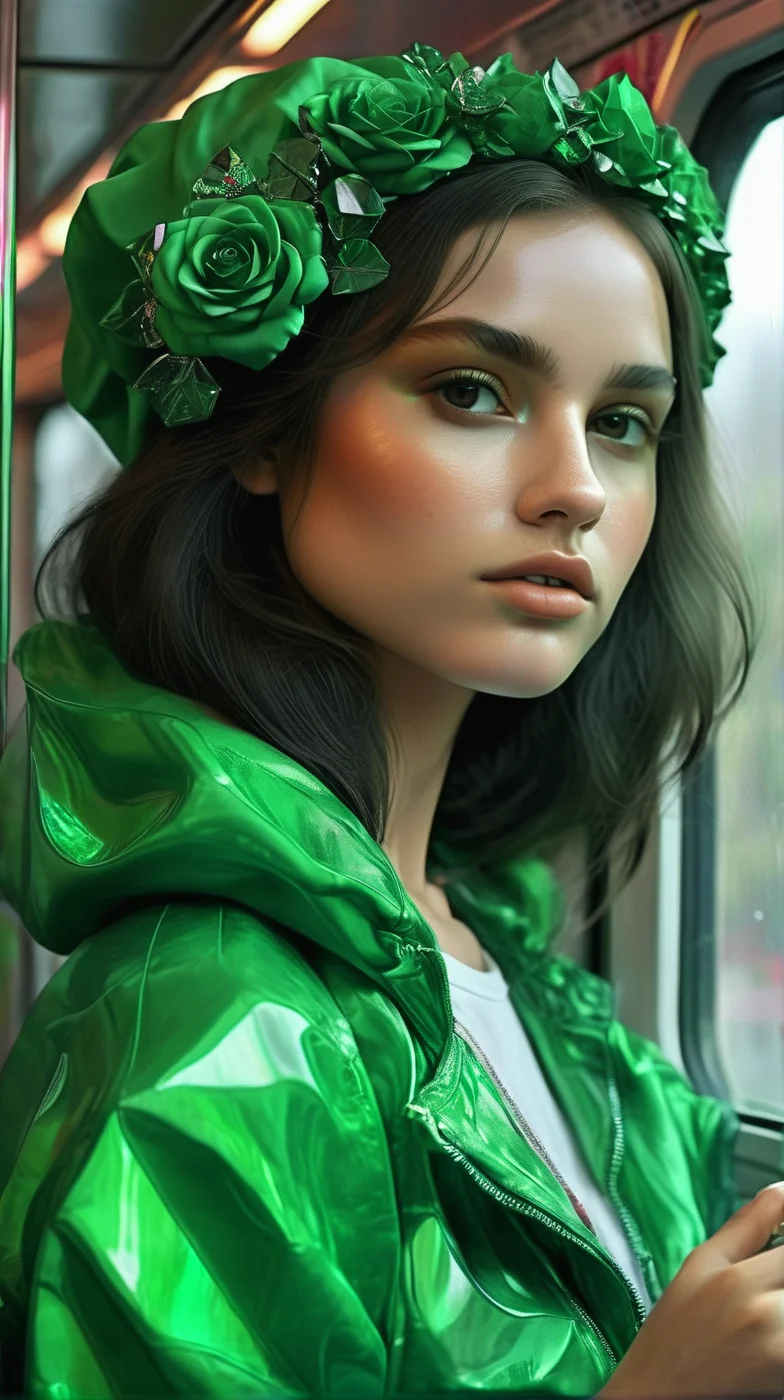 greengemix girl with a rose in the bus<lora:greengemix:1>