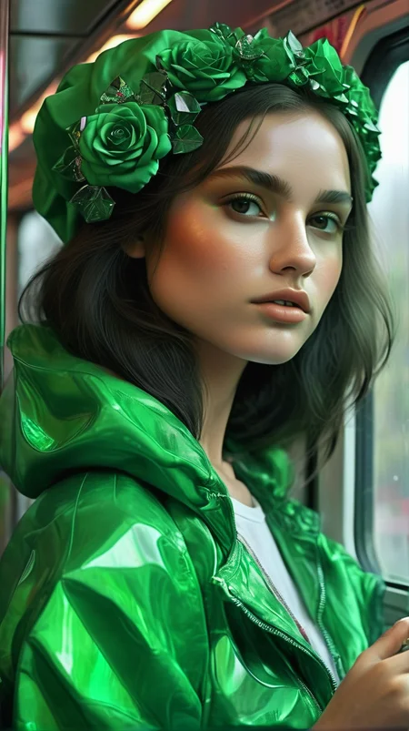 greengemix girl with a rose in the bus<lora:greengemix:1>