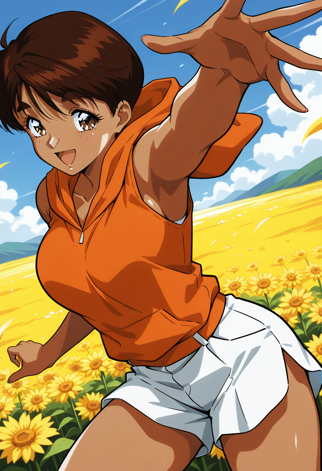 sr5_mizuki, retro artstyle, dark skin, dark-skinned female, thick eyebrows, brown eyes, brown hair, short hair, orange hoodie, sleeveless, white shorts, <lora:SR5_mizuki_illustrious_ver1:0.8> 
smile, open mouth,, masterpiece, best quality, general,, 1girl, solo, (field:1.2), (blue sky:1.2), looking at viewer,, (cowboy shot, dynamic pose:1.4),