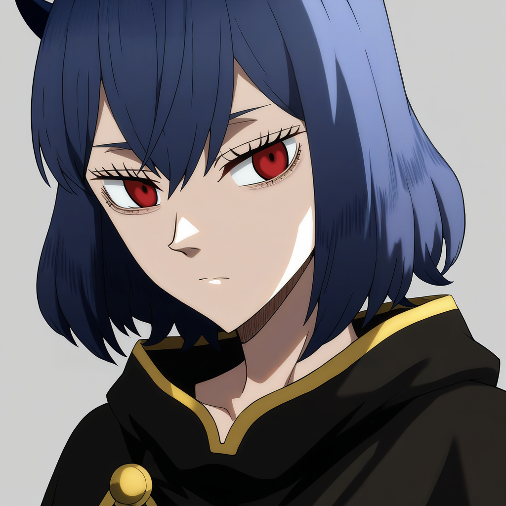 sharp focus, pixiv masterpiece, source_anime, score_9, score_8_up,  score_7_up,  absurd res, high res, BREAK
Secre_Swall0wtail_XL, 1girl, solo, <lora:Secre_Swallowtail_Illustrious_v53-000017:1> , dark-blue hair, red eyes,(short_blackbull-cape:1.1), expressionless, upper body, simple background, white background