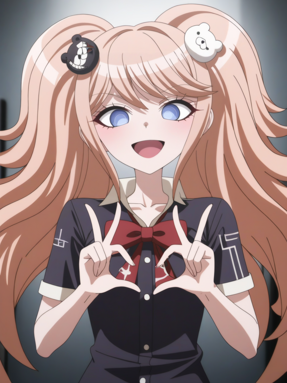 best quality,masterpiece,highres,absurdres,1girl,solo,newest,rating: general, <lora:JunKo_XL:1> ,(junko, long hair, blue eyes, twintails, enoshima junko, bangs, shirt, hair ornament, bear hair ornament, bow, looking at viewer),^_^,double peace sign,peace sign,