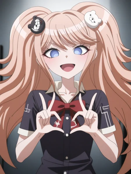 best quality,masterpiece,highres,absurdres,1girl,solo,newest,rating: general, <lora:JunKo_XL:1> ,(junko, long hair, blue eyes, twintails, enoshima junko, bangs, shirt, hair ornament, bear hair ornament, bow, looking at viewer),^_^,double peace sign,peace sign,