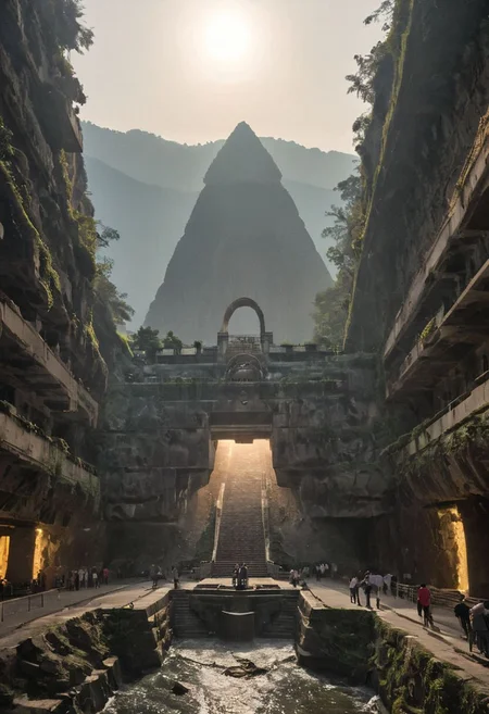 (pastel neon niji colors, terraforming mecha-Pyramid Like drdnght machine hovering above planet earth 20000 bc:1.55),
(atmospheric haze, Film grain, cinematic film still, highly detailed, high budget, cinemascope, moody, epic, OverallDetail, gorgeous, 2000s vintage RAW photo, photorealistic, candid camera, color graded cinematic, eye catchlights, atmospheric lighting, skin pores, imperfections, natural, shallow dof:1.4),
(Ancient megalithic civilization, Azka Lines, on Easter Island:1.1), (The colonial city of the future, in the mist-filled Grand Canyon, on an unknown Earth-like planet, 2 moon on sky, Spaceship flight connects colonies, waterfulls:1), (Machu Picchu, a mountain settlement, incredibly spectacular:1), (avant-garde, future, reality, science fiction, photorealistic), White limestone with black granite, fountain, waterfall, landmark, square, path, narrow street, (Large Files, Ultra Realistic, 8K, 16k, FHD, HD, VFX, Perfect, Photography, composition, Architecture Sales Photography, Architecture Competition, Ultra High Resolution, Cinematography, High Resolution Image:1), (dramatic lighting, direct sunlight, ray tracing, clear shadow:1), (real landscape:1), (blurred background:1.0), (urban background, more_details) ,
extremely detailed, industrialbuilding, drdnght machine, spstation, mayamaze, caveruinsAerial