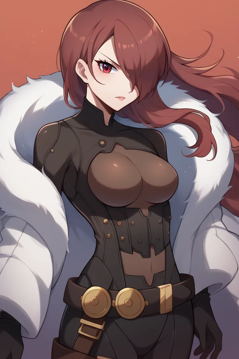 score_9, score_8_up, score_7_up, BREAK <lora:touyarokii-guy-PONYv1:1>, 1girl, solo, breasts, <lora:persona3_kirijou_ponyXL:0.9> kirijoarena, hair over one eye, fur coat, black bodysuit, black gloves, belt