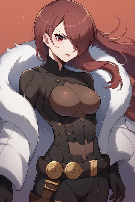 score_9, score_8_up, score_7_up, BREAK <lora:touyarokii-guy-PONYv1:1>, 1girl, solo, breasts, <lora:persona3_kirijou_ponyXL:0.9> kirijoarena, hair over one eye, fur coat, black bodysuit, black gloves, belt