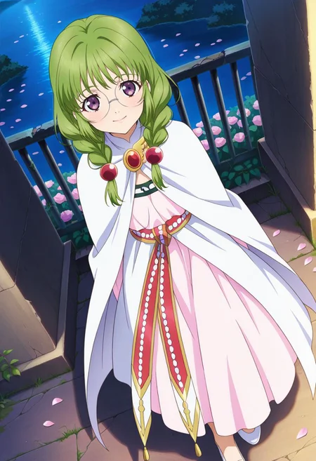 detailed eyes, beautiful, detailed background, perfect eyes,
source_anime, very aesthetic, anime coloring, masterpiece, official art,
<lora:HandFineTuning_XL:1>
BREAK,
ruins, flowers, flower fields, flower petals, night,
full body, looking at viewer,
light smile, dynamic angle, standing,
BREAK,
<lora:philia_illustrious_v02:0.95>
todphilia, twin braids, green hair, purple eyes, long hair, round eyewear, hair bobbles, shoulder hair,
half wing brooch, light pink dress, long dress, long sleeves, white cape, white waist cape, jewelry, red waist ribbon,
white footwear, flat shoes, no socks,