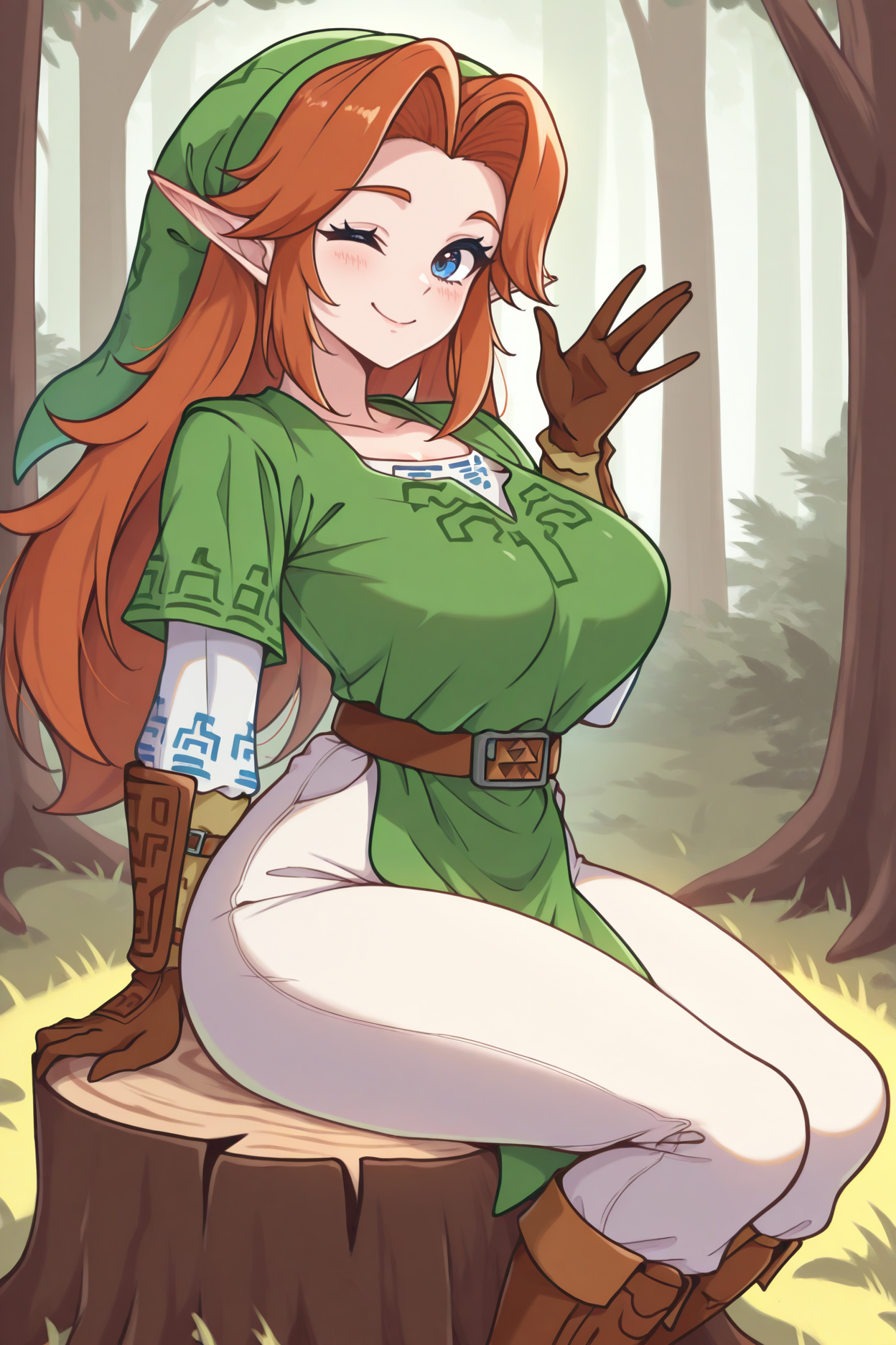 masterpiece, best quality, 1girl, solo, <lora:malon-illu-nvwls-v1:1> mal0n, auburn hair, long hair, pointy ears, blue eyes, large breasts, green hat, green tunic, brown belt, white shirt, long sleeves, looking at viewer, wink, brown boots, white pants, sitting on tree stump, forest, smile, blush, link \(cosplay\), brown gloves