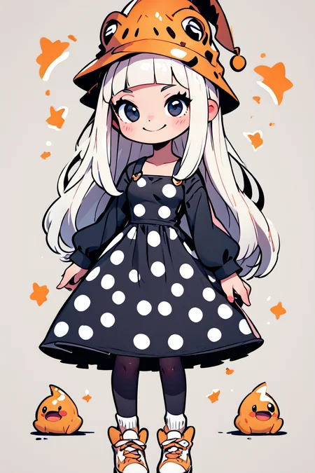 score_9, score_8_up, score_8, medium breasts, (curvy), cute, eyelashes, BREAK, , zzEruka, black eyes, white hair, blunt bangs, long hair, orange hat, polka dot dress, black dress, black sleeves, pantyhose, <lora:ErukaFrog_SoulEater_PDXL_v2:1.0>, , BREAK, socks, big shoes, ,,, smile, looking at viewer, cowboy shot, ,,, embedding:zPDXL, Expressiveh, ,,, <lora:CuteToonPDXL:1.0>, <lora:SDXLFaeTastic2400:0.5>, <lora:Expressive_H-000001:0.4>,
