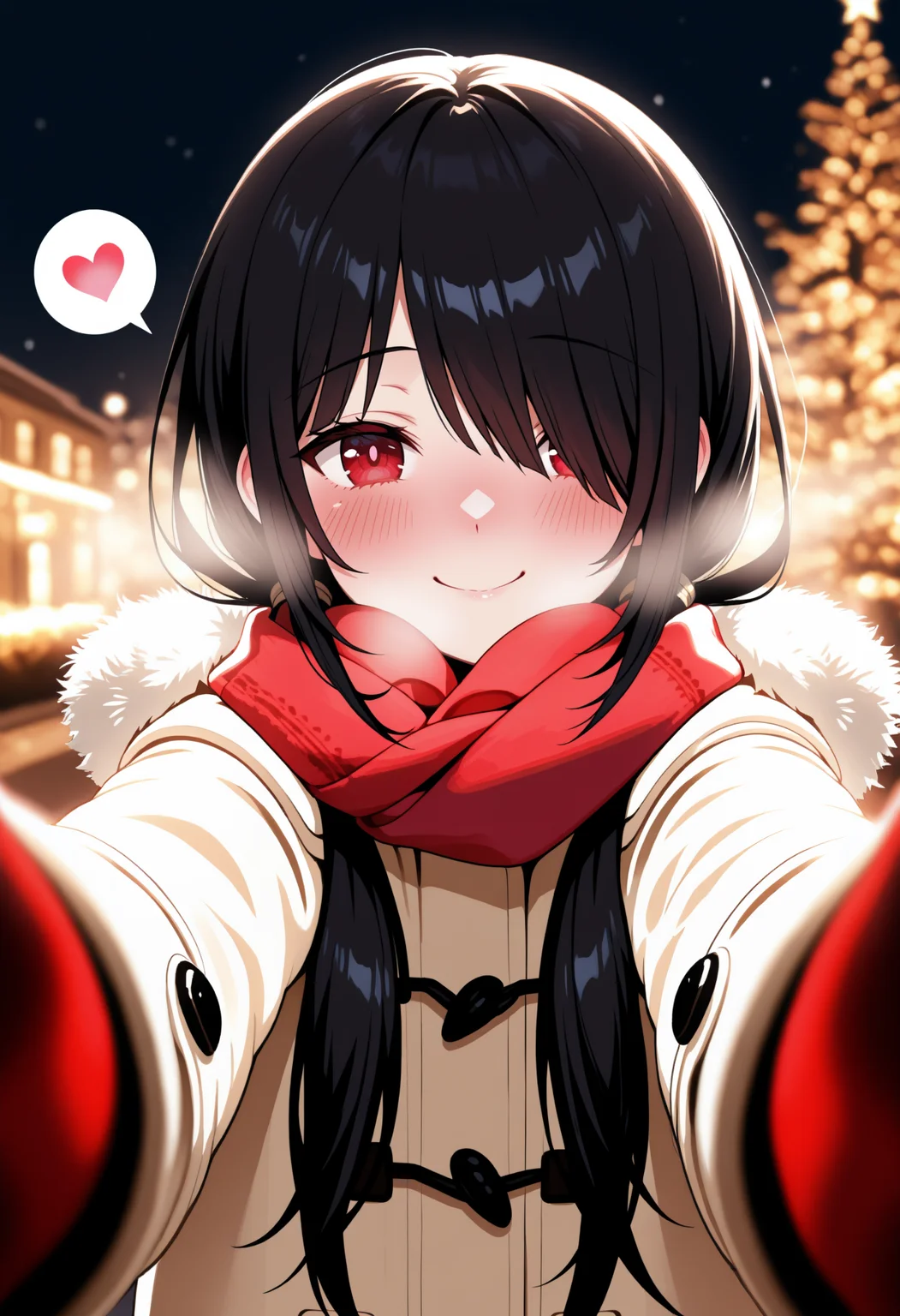masterpiece, best quality, 1girl, solo, TkskKrmi, black hair, low twintails, hair over one eye, red eye, pov, foreshortening, upper body, winter clothes, duffel coat, red gloves, red scarf, reaching towards viewer, pov cheek warming \(meme\), blush, smile, romantic ambiance, spoken heart, <3, <lora:ChamTokisakiKurumiNoob:1>