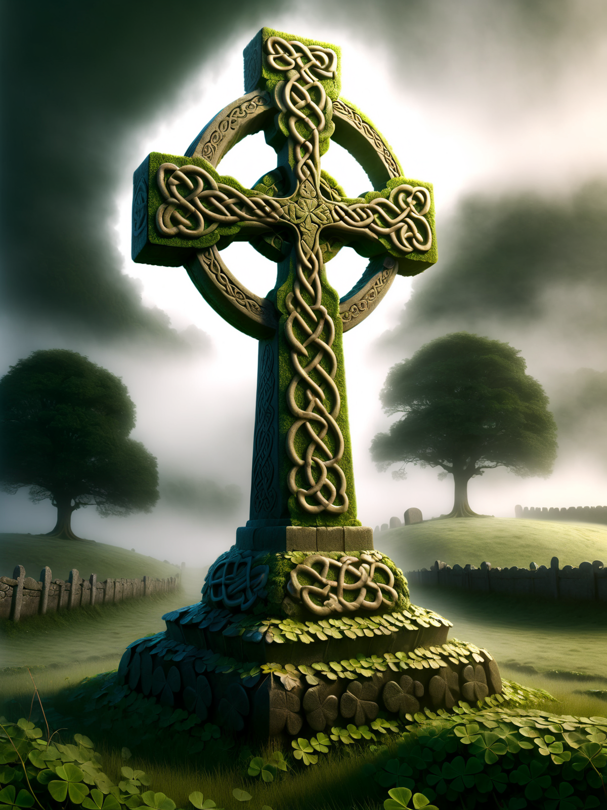 cinematic image, dynamic lighting, celtic cross covered mad-lkyclvr, irish landscape, fog<lora:Lucky_Clover_SDXL:1.0>, (masterpiece:1.2), best quality, (hyperdetailed, highest detailed:1.2), high resolution textures