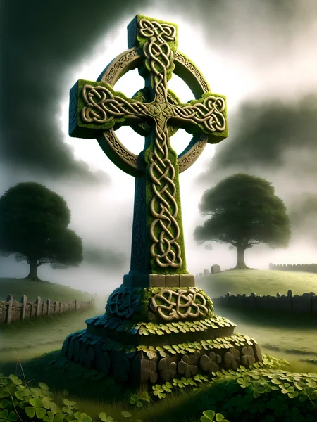 cinematic image, dynamic lighting, celtic cross covered mad-lkyclvr, irish landscape, fog<lora:Lucky_Clover_SDXL:1.0>, (masterpiece:1.2), best quality, (hyperdetailed, highest detailed:1.2), high resolution textures