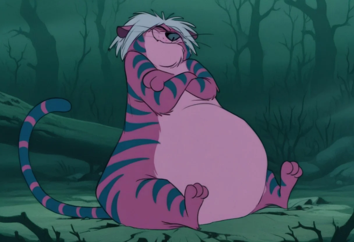 erostigermadammim, animal, no humans, fat, tiger, big butt, solo, purple skin, green eyes, grey hair, tail, forest background, sitting on ground, eyes closed, solo,