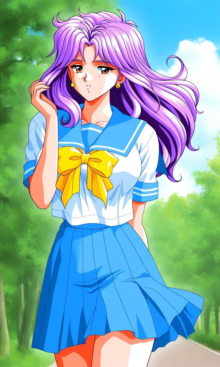 general,highres, ultra-detailed,very aesthetic,best quality ,best hands, BREAK <lora:Kagami_Mira_Tokimeki_Memorial_IS:1>
Kagami_Mira(Tokimeki_Memorial), 1girl, solo, purple hair, long hair, Parted bangs, earrings, large breasts, brown eyes,
blue school uniform, serafuku, jewelry, yellow bow, Yellow bow, blue skirt, 
blue sailor collar,  pleated skirt,  short sleeves,
outdoor, tree, sky,