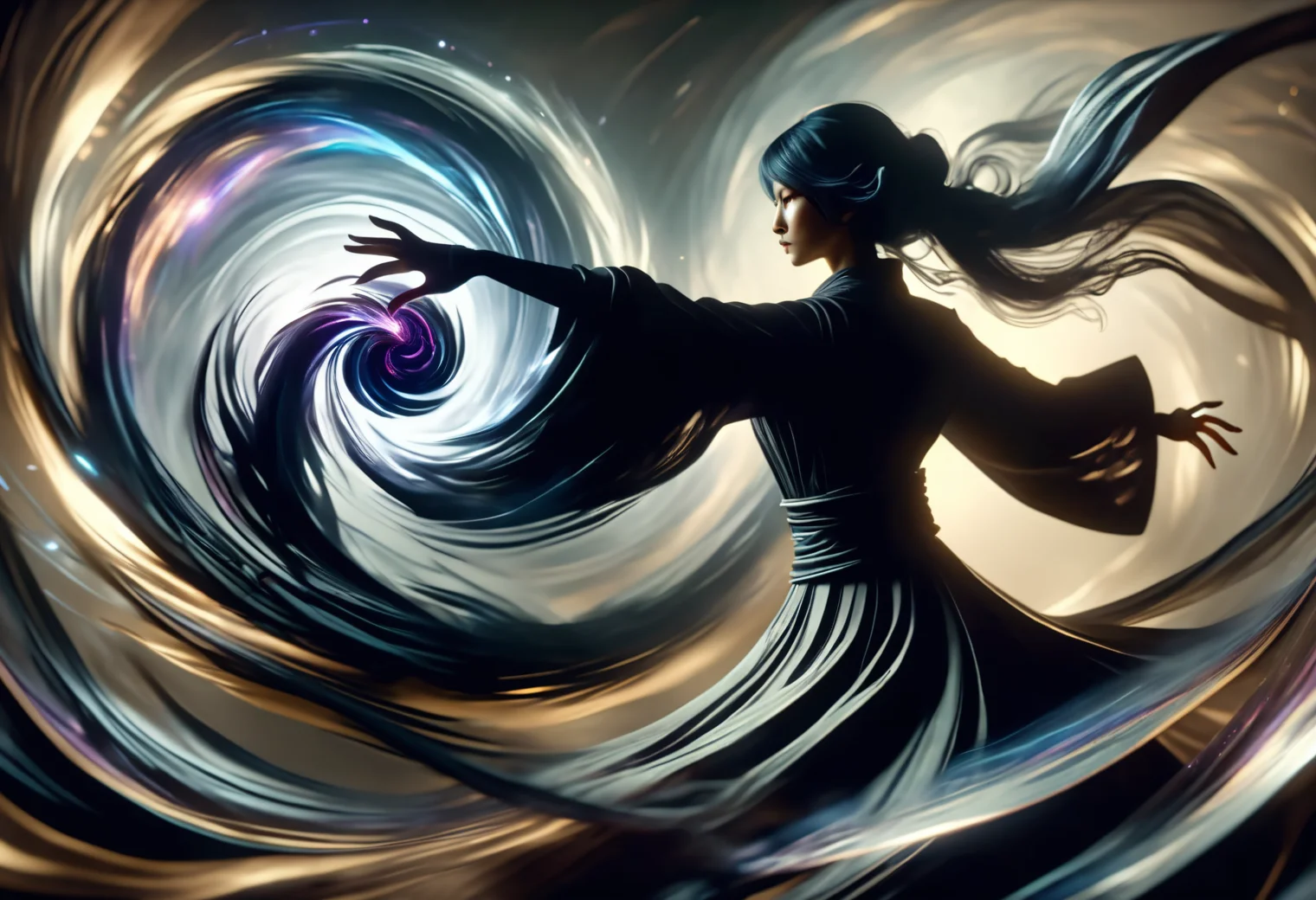 hyper detailed masterpiece, dynamic, awesome quality,female caster casting shadow magic swirling vortex of wind, bends and distorts the ai, gentle embrace,  dancing around an invisible core, pulse DonMM4g1cXL <lora:DonMM4g1cXL_v1.2:1>