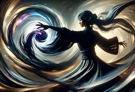 hyper detailed masterpiece, dynamic, awesome quality,female caster casting shadow magic swirling vortex of wind, bends and distorts the ai, gentle embrace, dancing around an invisible core, pulse DonMM4g1cXL <lora:DonMM4g1cXL_v1.2:1>