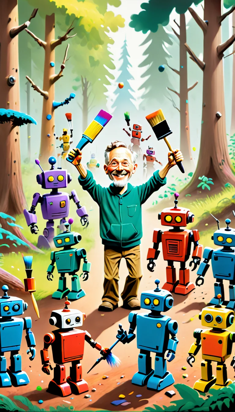 A BillMeeks man joyfully waves a paintbrush filled with vibrant paint surrounded by a group of animated robotic figures in a forest setting.  <lora:Everly_Heights_TaleSpinner_Pony_XL:1>