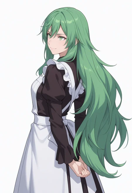 Smooth Quality,masterpiece,very intricate, high quality details, ultra realistic, high detailed skin,detailed enviorement,absurdres,
simple background, white background,
from behind,standing, arms behind back, looking up, calm expression, relaxed posture, ,forced smile,
<lora:Misery_cnn:0.8> 1girl, green hair, green eyes, hair between eyes, frown, very long hair, sidelocks,dress, shirt,maid apron, puffy sleeves, long sleeves, juliet sleeves, enmaided,