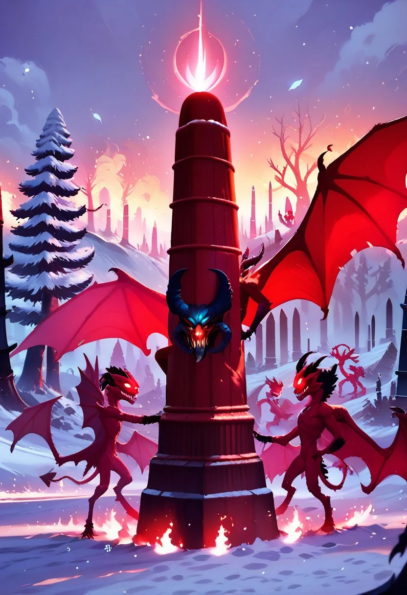 score_9, score_8_up, score_8,
Khrn, wings, tree, glowing, bare tree, pillar, (little demons, dancing demons), snow