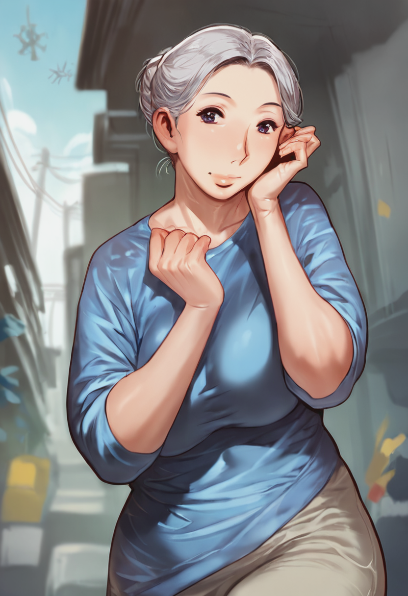score_9, score_8_up, score_7_up, 1girl, mature_female, solo, Posing as if caught in a spider web, sideways, construction site, Electric blue Sweater, gray hair, cowboy_shot, rating_safe, <lora:pony\artist_styles\no_chachamaru_pony:1.0>
