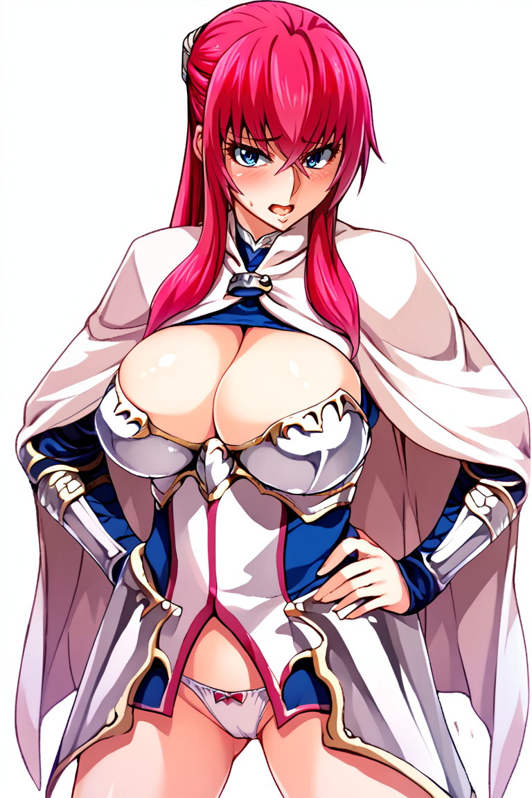 score_9, score_8_up, score_7_up, score_6_up, score_5_up, score_4_up, BREAK source_anime, angelica_von_eustest, 1girl, breasts, solo, long hair, cleavage, blue eyes, pink hair, hand on hip, open mouth, blush, armor, cape, looking at viewer, white background, large breasts, huge breasts, , half updo, red hair, cleavage cutout, white panties<lora:EMS-367831-EMS:0.800000>, <lora:EMS-424596-EMS:0.800000>