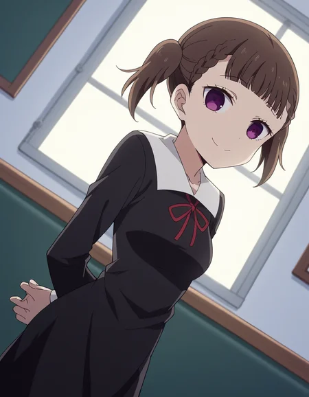 score_9, score_8_up, score_7_up, source_anime, <lora:maki-shijou-s3-ponyxl-lora-nochekaiser:1>, maki shijou, bangs, blunt bangs, purple eyes, twintails, two side up, braid, short twintails, brown hair, medium breasts,, long sleeves, dress, ribbon, school uniform, black dress, red ribbon, neck ribbon, collared dress, shuuchiin academy school uniform,, hospital room, bedside, get well flowers, comforting, quiet, smile, , hands behind back, bent over,, solo,, dutch angle,