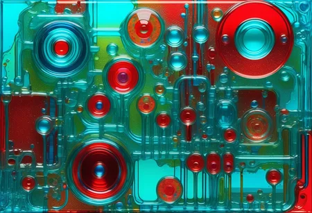 a glitchy rule of thirds complex colorful liquid Murano Art Glass deepness feeling of the inside of a dystopian factory, excessivist, fragmented, brut art, graffiti ignorant, mixed media texture play, intricated with printed circuits and neon chips, professionnal photography surrealism, 8k resolution, hyperdetailled, complex detailled composition, cyan and red
