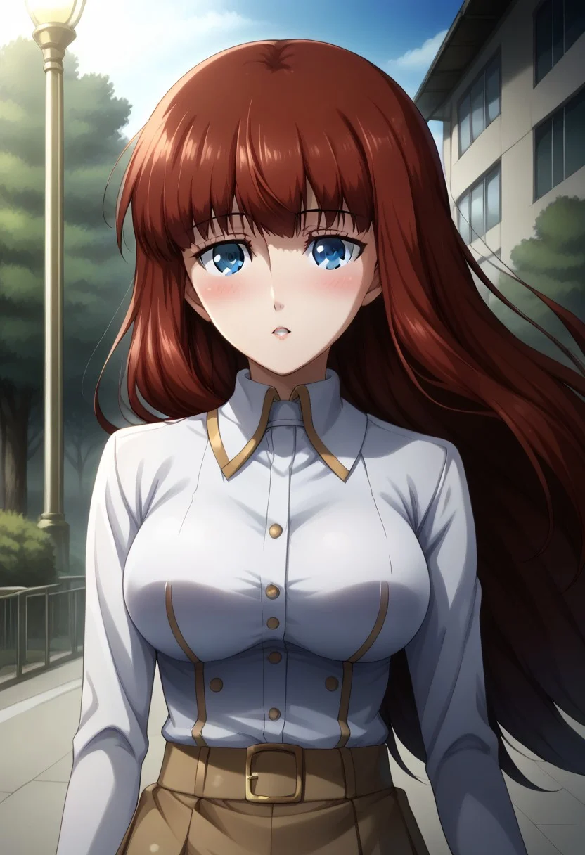 rating_safe, Ultra-high-detailed Anime illustration of Kagari Shiina. The artwork features Kagari in a solo, face focus, upper body, standing position with a outdoors, street background. She is depicted with intricate details showcasing her big_breasts, natural_breasts. She is a white skinned, 22 years old woman. Kagari is looking_at_viewer with perfect_eyes, Her pupils are highly detailed. The eyes are open. blue eyes. Kagari's eyes are highlighted. Highlighted eyevrows. She has long_hair, red_hair styled in floating_hair, shiny_hair and bangs. She is wearing a white shirt with golden seams and brown skirt, short skirt. The artistic style is intricate_details_xl with a focus on Anime art. The color palette emphasizes red and black with detailed strokes to bring out the character's features. The lighting creates dramatic shadows and highlights, adding depth to the artwork. The perspective is from a face focus, dutch angle to enhance the impact of the character's expression. This masterpiece is a true portrayal of Kagari's complex personality and will captivate any fan of Kagari. uncensored