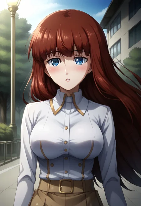 rating_safe, Ultra-high-detailed Anime illustration of Kagari Shiina. The artwork features Kagari in a solo, face focus, upper body, standing position with a outdoors, street background. She is depicted with intricate details showcasing her big_breasts, natural_breasts. She is a white skinned, 22 years old woman. Kagari is looking_at_viewer with perfect_eyes, Her pupils are highly detailed. The eyes are open. blue eyes. Kagari's eyes are highlighted. Highlighted eyevrows. She has long_hair, red_hair styled in floating_hair, shiny_hair and bangs. She is wearing a white shirt with golden seams and brown skirt, short skirt. The artistic style is intricate_details_xl with a focus on Anime art. The color palette emphasizes red and black with detailed strokes to bring out the character's features. The lighting creates dramatic shadows and highlights, adding depth to the artwork. The perspective is from a face focus, dutch angle to enhance the impact of the character's expression. This masterpiece is a true portrayal of Kagari's complex personality and will captivate any fan of Kagari. uncensored