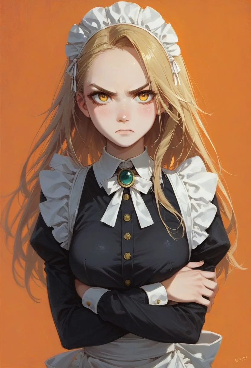 score_9, score_8_up, score_7_up, 1girl, apron, blonde hair, bow, breast hold, breasts, brooch, closed mouth, crossed arms, dress, dusk, enmaided, evening, frown, ginkgo leaf, gradient, gradient background, long hair, long sleeves, looking at viewer, maid, maid apron, maid headdress, medium breasts, orange background, orange sky, orange theme, ribbon, solo, sunflower, sunset, v-shaped eyebrows, white apron, yellow background, yellow sky, yellow theme
score_8_up, <lora:H001PXL-000012:1>