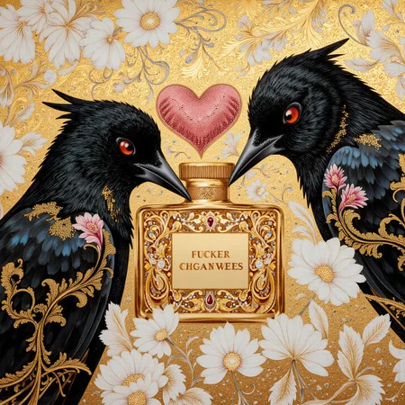 summer-themed (Peruvian:0.5) themed artwork depicting screwed up black-toned birds examining an intricate futuristic Valentine perfume intricate white and copper filigree details. eldritch, billowing bright dust, very elaborate. The overall feel of the image is painterly. Additionally the image incorporates elements of mixed media including flowing lines drawn with fine pens and appliqued gold foil. The general effect is of timeless fine art elegance. <lora:midjourney_whisper_chromaplex_v1:0.3> <lora:Paper_Marbling_Flux:0.5> <lora:BookOfKells-Rapid:0.3> <lora:GoldLeafStyleFLUX:0.5> <lora:Hand v2:1>